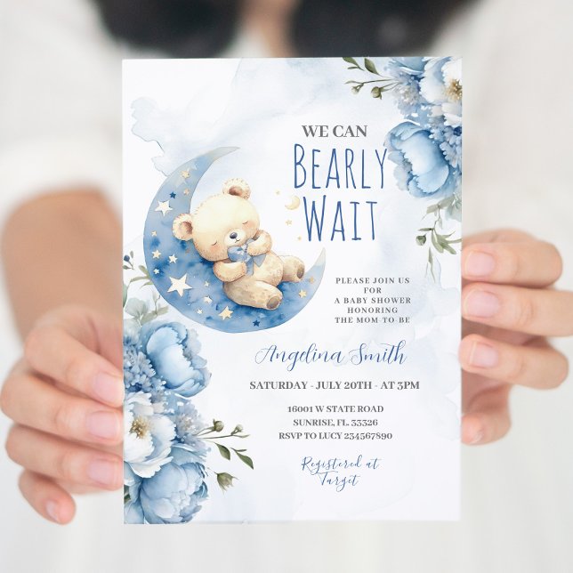 Invitation Aquarelle Bleu Ours Baby shower d'attente (Créateur téléchargé)