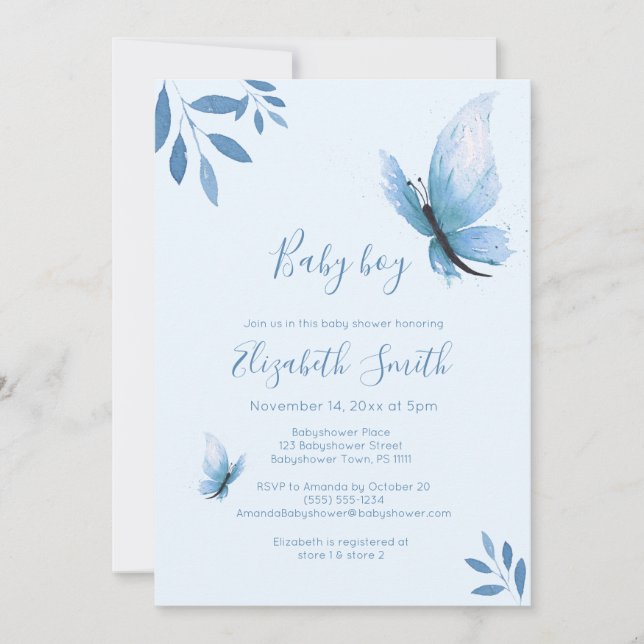 Invitation Aquarelle bleu papillon fleuri babyshower (Devant)