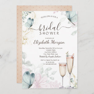 Invitation Aquarelle Bleu Papillons Champagne Verre