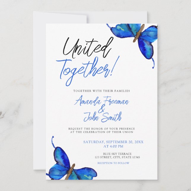 Invitation Aquarelle Bleu Papillons Mariage (Devant)