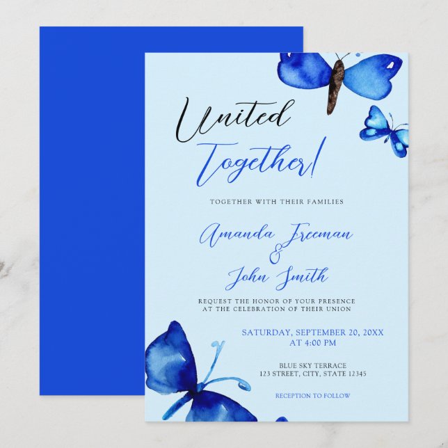 Invitation Aquarelle Bleu Papillons Mariage vibrant (Devant / Derrière)