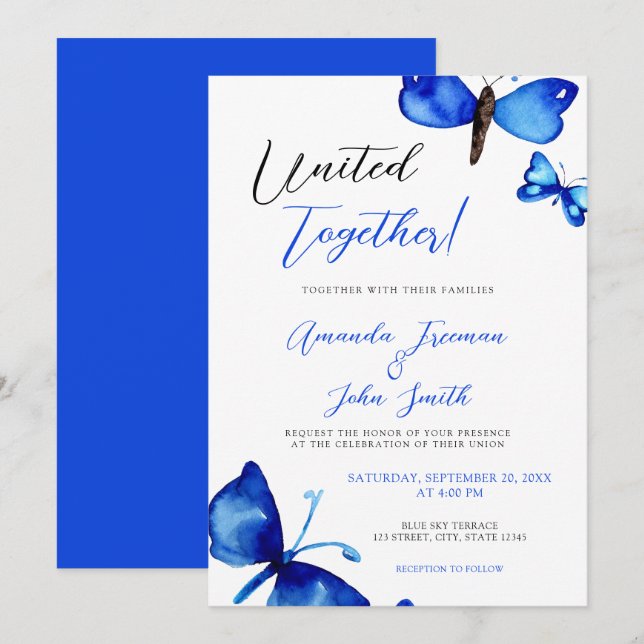 Invitation Aquarelle Bleu Papillons Mariage vibrant (Devant / Derrière)