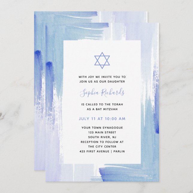 Invitation Aquarelle bleu peint| Bat mitzvah (Devant / Derrière)