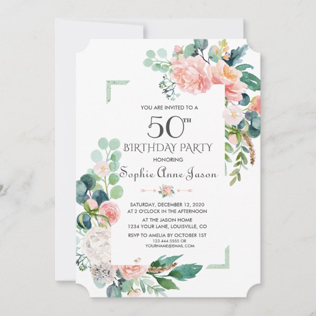 Invitation Aquarelle Bleu Peonies Cadre 50e anniversaire (Devant)
