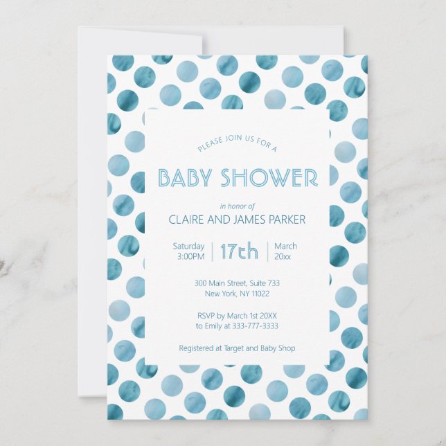 Invitation Aquarelle bleu Polka Baby shower mignon (Devant)