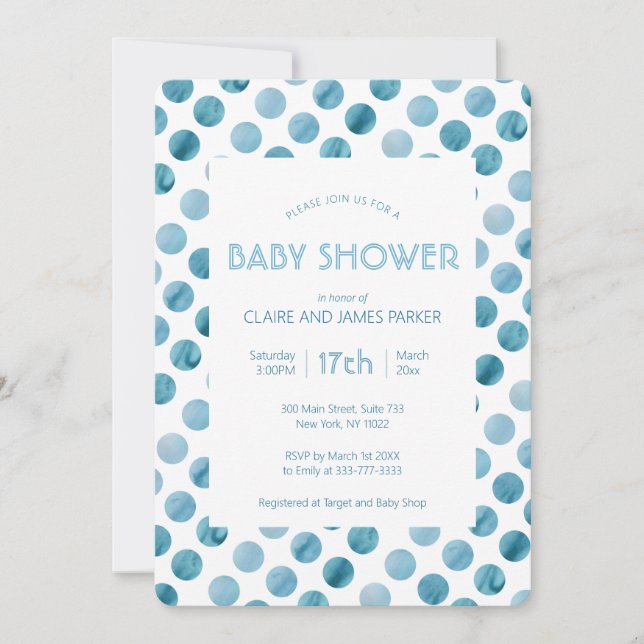 Invitation Aquarelle bleu Polka Baby shower mignon (Devant)