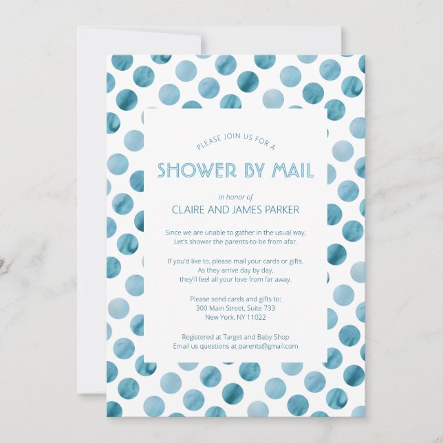 Invitation Aquarelle bleu Polka Baby shower par courrier (Devant)