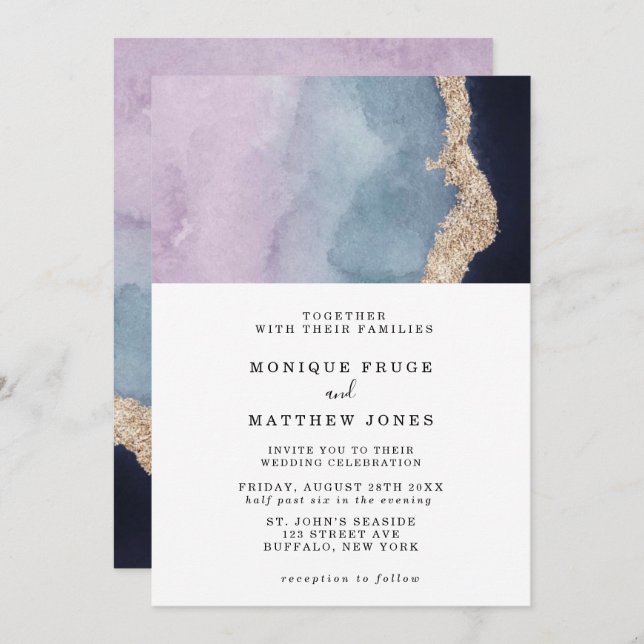 Invitation Aquarelle bleu pourpre Mariage or Agate (Devant / Derrière)