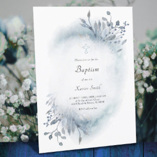 Invitation aquarelle bleu poussiéreuse Baptême bébé garçon