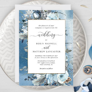 Invitation Aquarelle bleu poussiéreux et Mariage floral éléga