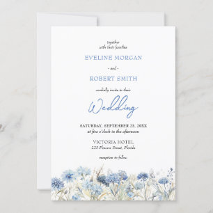 Invitation Aquarelle bleu poussiéreux fleurs sauvages mariage
