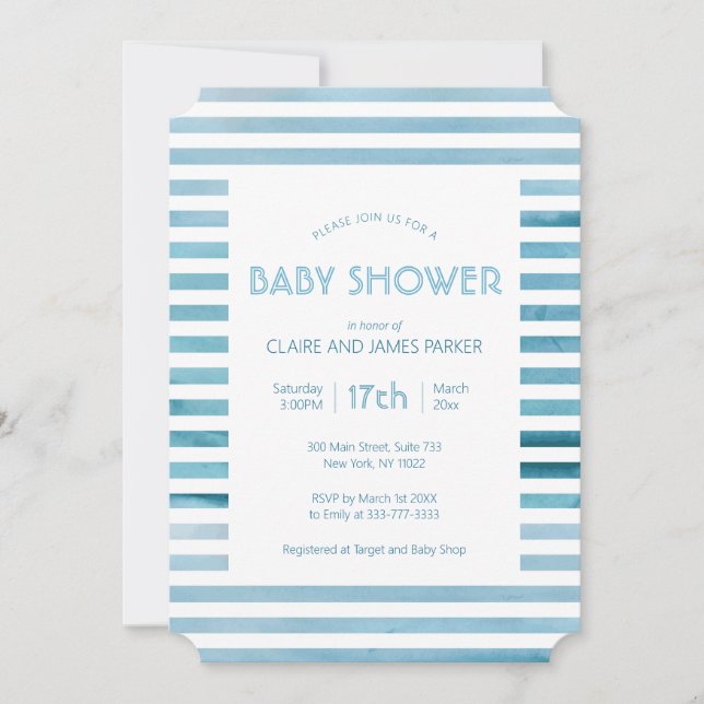 Invitation Aquarelle Bleu Rayures Baby shower simple (Devant)