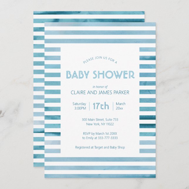 Invitation Aquarelle Bleu Rayures Baby shower simple (Devant / Derrière)