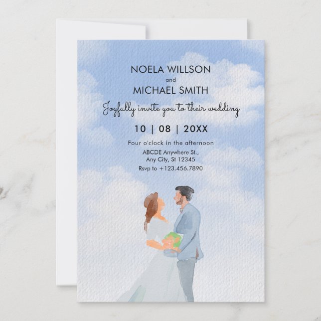 Invitation Aquarelle bleu romance couple mariage (Devant)