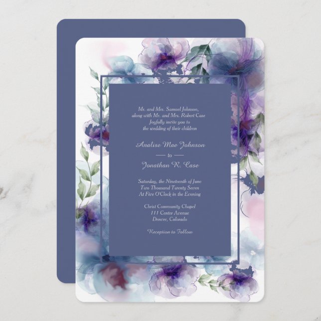 Invitation Aquarelle bleu romantique Floral Mariage officiel (Devant / Derrière)