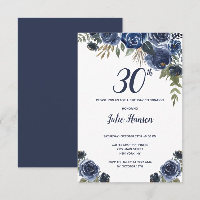 Invitation Aquarelle Bleu Rose anniversaire (Devant / Derrière)