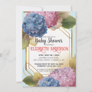 Invitation Aquarelle bleu rose Baby shower Hydrangea personna