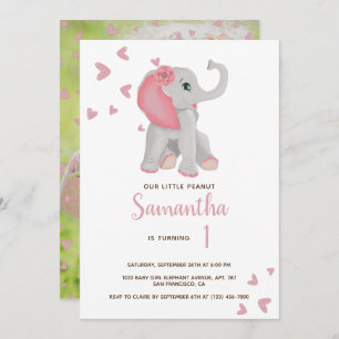 Invitation Aquarelle bleu rose bébé Eléphant 1er anniversaire