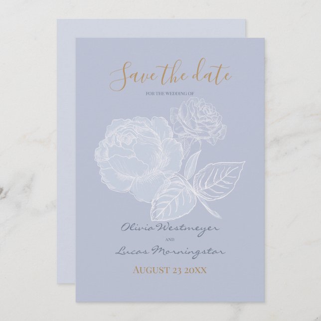 Invitation Aquarelle bleu Rose doré Dusty Enregistrer la date (Devant / Derrière)