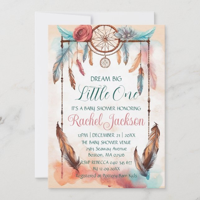 Invitation Aquarelle bleu rose Dreamcatcher Idée Baby shower (Devant)