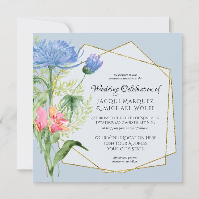 Invitation Aquarelle Bleu rose Élégant Floral n Fern Mariage (Devant)