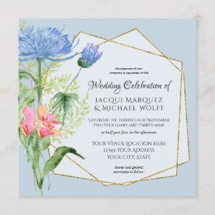 Invitation Aquarelle Bleu rose Élégant Floral n Fern Mariage