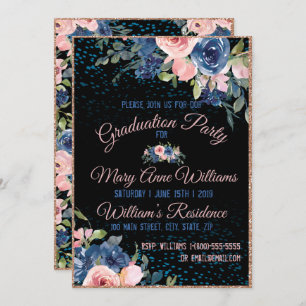Invitation Aquarelle Bleu Rose Élégant Graduation Florale