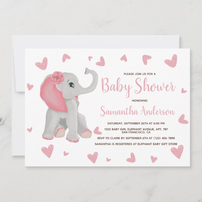 Invitation Aquarelle bleu rose Eléphant Baby shower photo I (Devant)