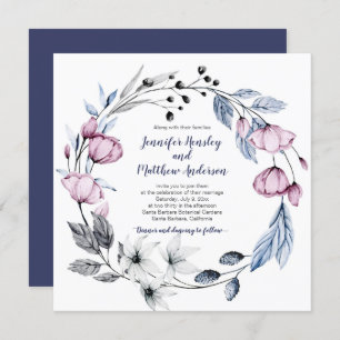 Invitation Aquarelle bleu rose et marine Mariage de couronnes