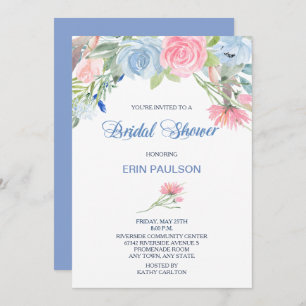Invitation Aquarelle bleu rose Fête des mariées Floral Invita