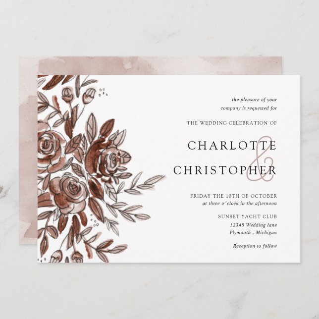Invitation aquarelle bleu rose fleurs horizontales mariage (Devant / Derrière)