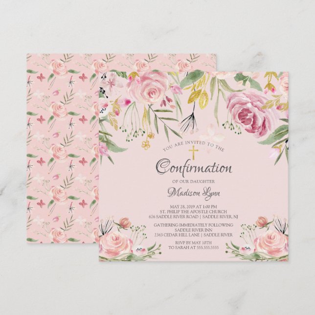 Invitation Aquarelle bleu rose floral Confirmation (Devant / Derrière)