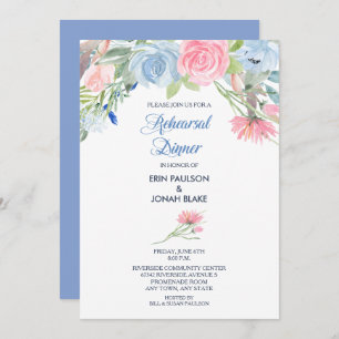 Invitation Aquarelle Bleu rose Floral Dîner de répétition