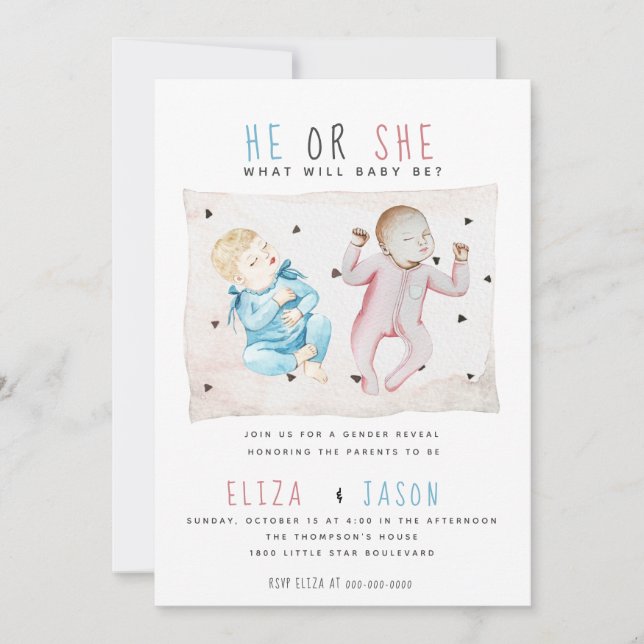 Invitation Aquarelle Bleu Rose Il Ou Elle Sexe Révéler Mignon (Devant)