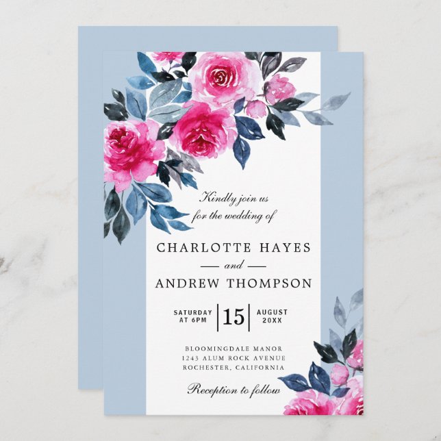 Invitation Aquarelle bleu rose Mariage botanique (Devant / Derrière)