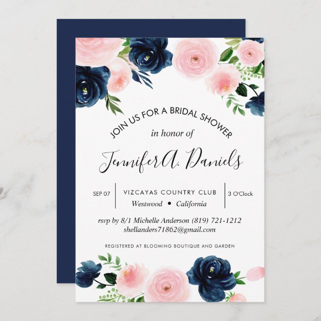 Invitation aquarelle bleu rose marine rose floral (Devant / Derrière)