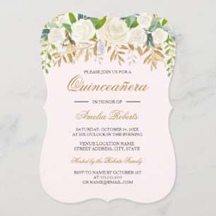Invitation Aquarelle bleu rose or feuille florale Quinceanera