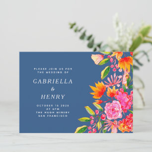 Invitation Aquarelle bleu rose orange Floral Simple Mariage