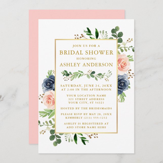 Invitation Aquarelle Bleu rose Roses Fête des mariées Or (Devant / Derrière)