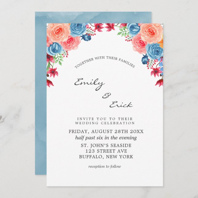 Invitation Aquarelle bleu rouge rose orange Mariage incv (Devant / Derrière)