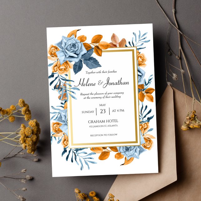 Invitation Aquarelle bleu rouille Floral Mariage élégant (Indigo Rust Floral Watercolor Boho Wedding Invitation)