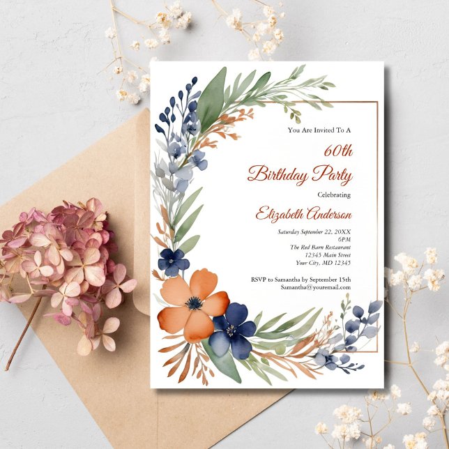 Invitation Aquarelle bleu rouille orange Floral 60e anniversa (Rust Orange Blue Florals with Greenery Watercolor 60th Birthday Invitation for her)