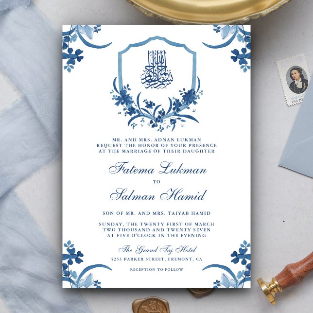 Invitation Aquarelle bleu rustique Floral Crest Mariage musul (Créateur téléchargé)