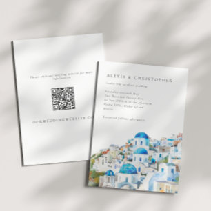 Invitation Aquarelle bleu Santorini QR Code Mariage