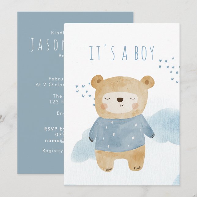 Invitation Aquarelle bleu Sleepy Baby shower d'ours mignon (Devant / Derrière)