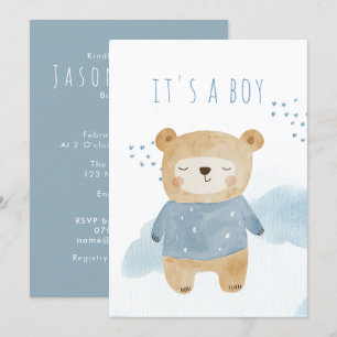Invitation Aquarelle bleu Sleepy Baby shower d'ours mignon