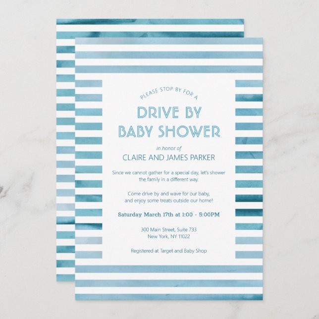 Invitation Aquarelle Bleu Stripes Drive Par Baby shower (Devant / Derrière)