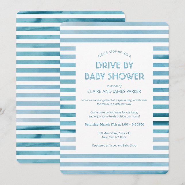 Invitation Aquarelle Bleu Stripes Drive Par Baby shower (Devant / Derrière)