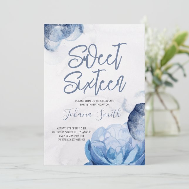 Invitation Aquarelle bleu sweet sixteen 16e anniversaire (Debout devant)