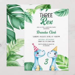 Invitation Aquarelle Bleu Trex Vert Enfants 3e anniversaire